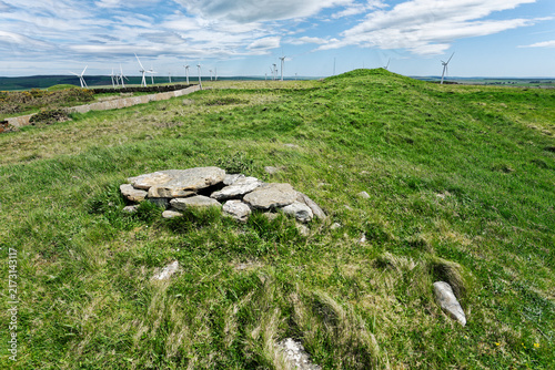 Cnoc Freiceadain 5000 year chambered cairns, Caithness, Scotland. Along length of south cairn from stone cist at its west end