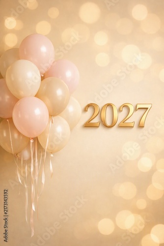 Soft pastel balloon bunch with gold 2027 numbers for new year invitation background and elegant celebration wallpaper