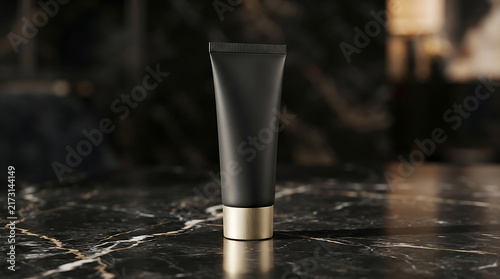 Sleek black skincare tube with gold base on a dark marble surface beauty cosmetic product isolated on a transparent background