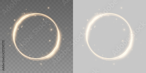 Golden fire ring shines with intense light. Glowing sparks follow the circular motion. Transparent PNG creates a powerful luminous effect.

