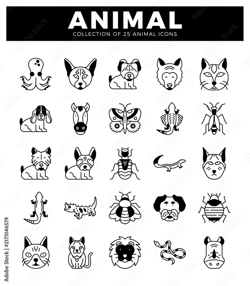 Fototapeta premium black and white animal icons in a grid format on a white background.