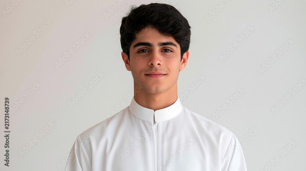 Obraz premium Inspired Saudi Arabian male student, 16, in white thobe, thoughtfully engaged in learning beyond grades.