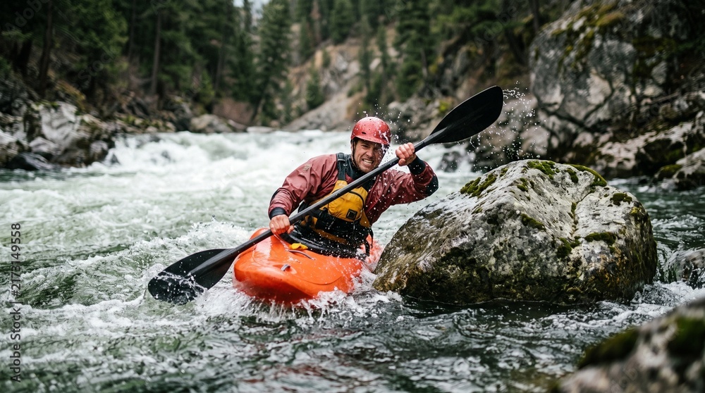 Naklejka premium Man kayaking through whitewater rapids in a rocky river surrounded by forest