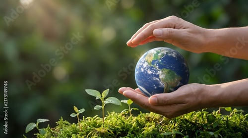 Hands Protecting Earth Globe with Growing Plant Sprouts Environmental Conservation Concept