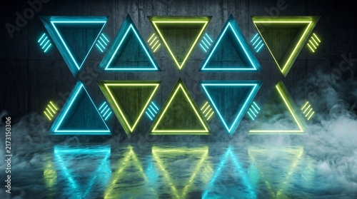 Futuristic dark stage interior with neon triangles and thick smoke