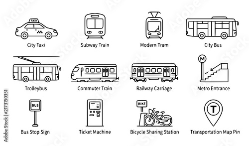 Public Transportation Line Icons Set with Taxi Train Tram Bus and Metro Vector Symbols
