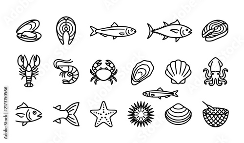 SEO Title:
Fresh Seafood Market Fish Shrimp Lobster Crab and Shellfish Line Icons