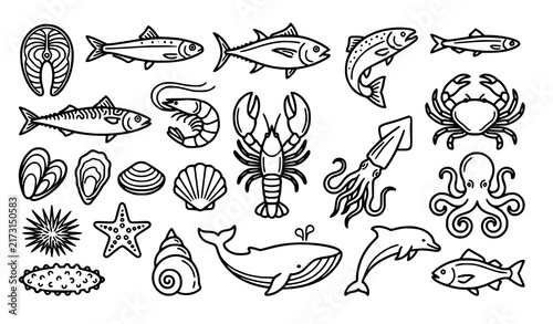 Seafood Marine Fish Shellfish Shrimp Lobster Crab and Ocean Outline Vector Set