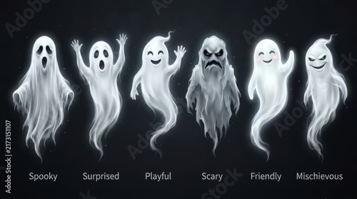 Set of cute cartoon ghosts showing different emotions like spooky surprised playful scary friendly and mischievous expressions