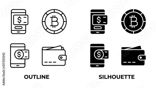 Bild auf Leinwand Cryptocurrency and Digital Wallet Icons: A set of modern icons representing cryptocurrency, including Bitcoin, alongside digital mobile wallets and traditional leather wallets