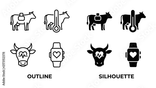 Farming Technology Icons: A set of graphic icons showcasing outline and silhouette representations of cow health monitoring technology, including a wearable device and a thermometer.