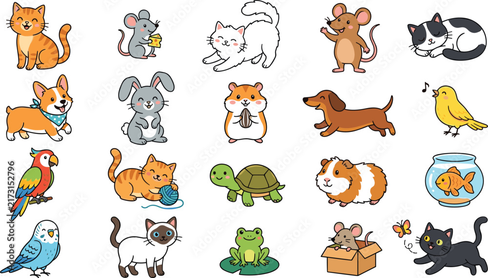Obraz premium Cute Domestic Pets Vector Clip Art Set with Cartoon Cat Dog Rabbit Hamster Parrot Turtle and Fish Elements