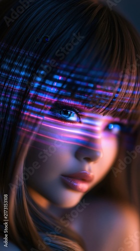 Futuristic Glitch Art Portrait of a Woman with Neon Lights
