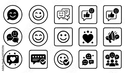 Happy Face Chat Speech Bubble and Smile Icon Collection with Circle Buttons, Square Buttons, Thank You Ribbon, and Positive Communication Symbols