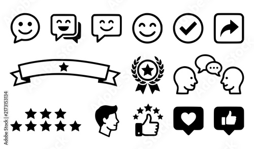 Happy Smile Chat and Positive Communication Flat Icon Set Featuring Speech Bubbles, Circle and Square Buttons, Thank You Ribbon, and Feedback Symbols