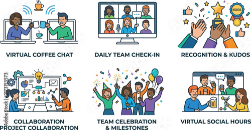 Team collaboration application icons illustrate virtual meetings, social.