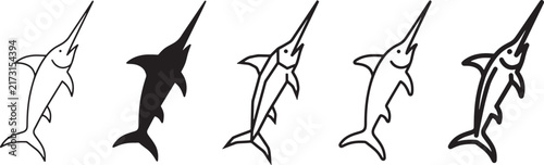 Swordfish Hand Drawn Line Art Collection Featuring Sleek Ocean Fish in Different Styles, Marine Wildlife Illustrations and Minimal Underwater Animal Designs