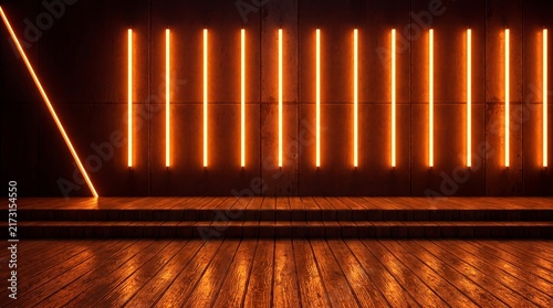 Modern abstract background featuring wooden floor and bright orange lights