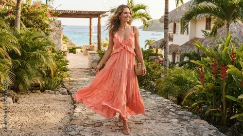 woman in red dress on the beach