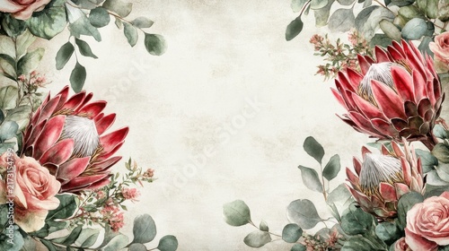 Vintage Floral Frame with Protea and Rose Flowers