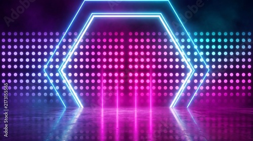 Bright pink and blue neon geometric portal on reflective floor