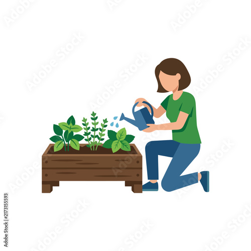 Woman watering plants in outdoor wooden planter box.