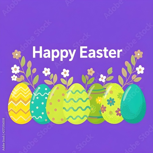 Decorated easter eggs with floral elements and happy easter text on purple background with graphic illustration featuring arranged decorative flowers colorful patterned easter vector style graphic
