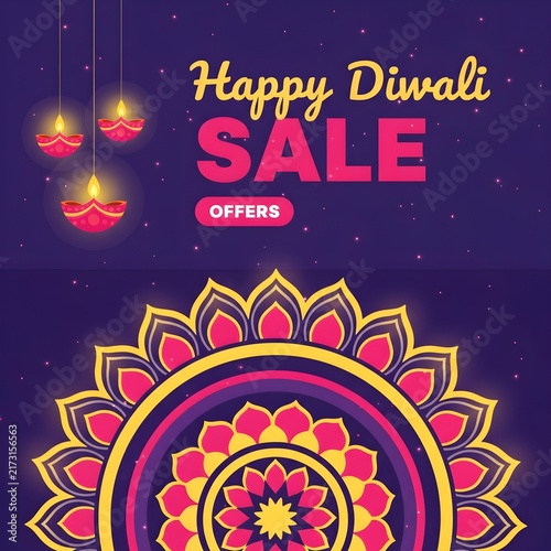 Happy diwali sale banner with hanging oil lamps and decorative mandala on dark blue background with colorful mandala pattern festive sale graphic illustration celebration tradition spiritual art