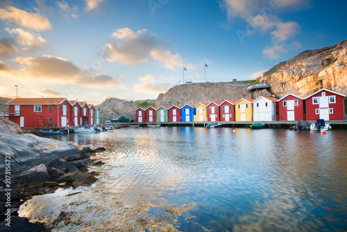 Colorful houses and a marina on the promenade Smögenbryggan in Smögen, Sweden