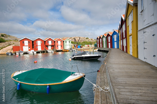 Colorful houses and a marina on the promenade Smögenbryggan in Smögen, Sweden