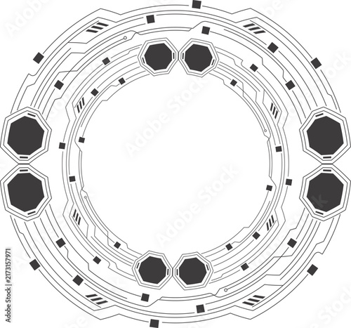 Circular geometric pattern with hexagonal elements black and white vector illustration