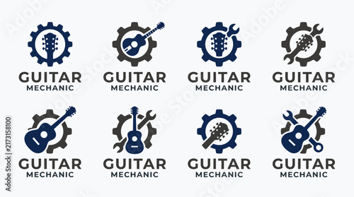 This image showcases multiple variations of a guitar mechanic logo featuring a guitar and gear, symbolizing repair, creativity, and craftsmanship within the music industry.