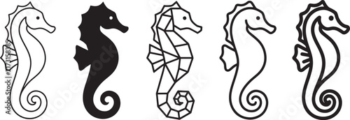Seahorse Hand Drawn Line Art Collection Featuring Elegant Marine Seahorses in Different Styles, Ocean Wildlife Illustrations and Decorative Underwater Designs