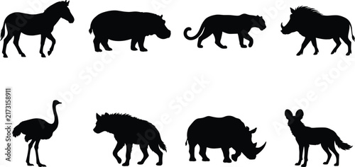 Black Animal Silhouettes Collection Featuring Horse Bull Monkey Elephant and Ostrich