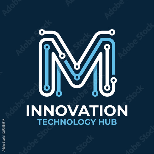 This image features a sleek logo design representing an innovation technology hub, combining a stylized letter 'M' with circuit-like elements in a modern aesthetic.
