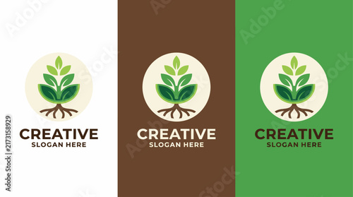 This logo design features stylized green leaves and roots, symbolizing growth, harmony with nature, and sustainability in a modern and clean aesthetic suitable for branding.