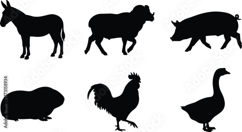 Black Farm Animal Silhouettes Collection Featuring Donkey Rhinoceros Bull Bison Rooster and Goose