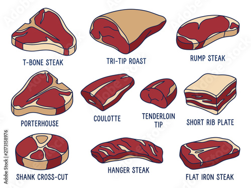 An assortment of high-quality beef cuts including T-bone, tri-tip, and tenderloin, ideal for chefs and culinary enthusiasts seeking diversity in meat options.