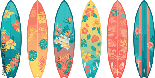 Colorful Tropical Surfboard Collection with Floral Patterns and Summer Beach Designs