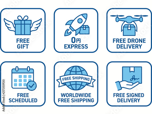 This collection of delivery service icons effectively communicates essential features like free shipping and express delivery options for e-commerce platforms, enhancing user experience.