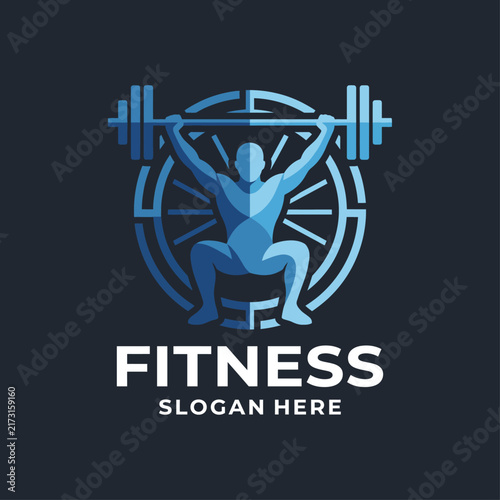 This modern fitness logo illustrates strength and health, featuring a weightlifter and geometric designs, perfect for branding a gym or fitness-related service.