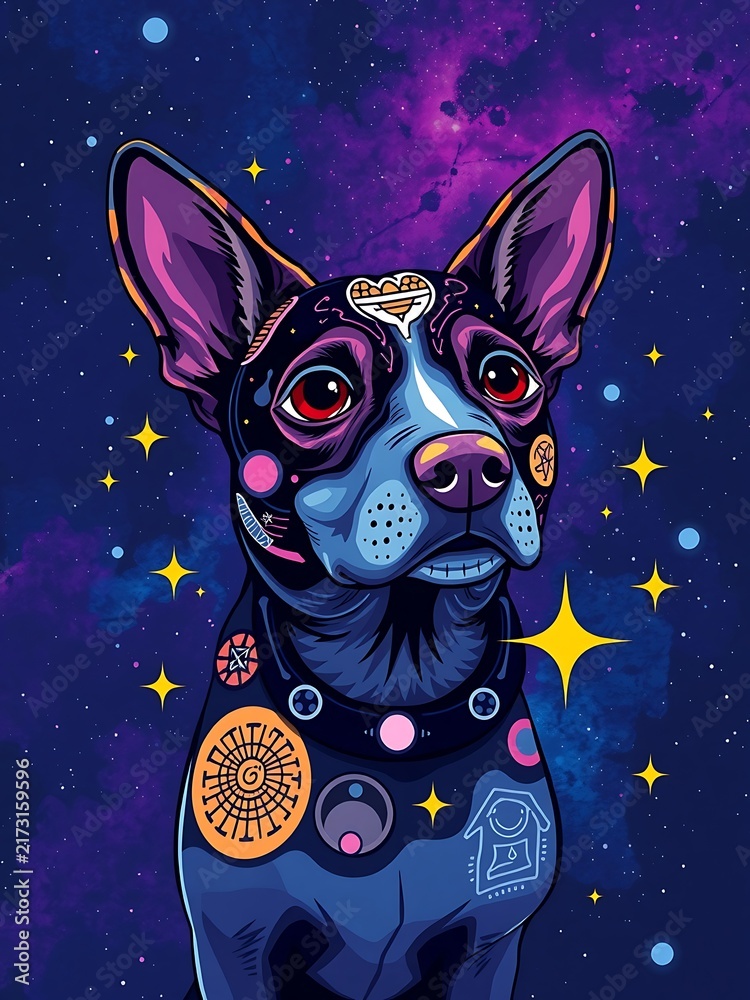 Fototapeta premium A space-themed pop art dog with cosmic patterns, stars, and a deep blue and purple nebula backdrop