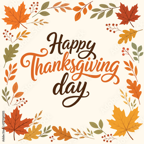 Happy Thanksgiving Day Lettering with Autumn Leaf Border