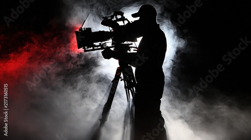 Silhouette of videographer operating professional camera in smoke
