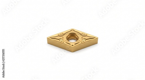 Gold-tinted tungsten carbide indexable turning insert for CNC lathe. Macro view of diamond-shaped chipbreaker grooves. Precision metalworking hardware isolated on pure white background.