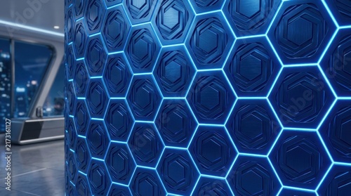 Futuristic interior wall with glowing blue hexagonal pattern.