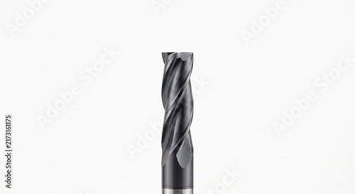Solid carbide CNC end mill with titanium aluminum nitride coating. Macro view of helical cutting flutes. Precision machining hardware isolated on white background for industrial manufacturing.