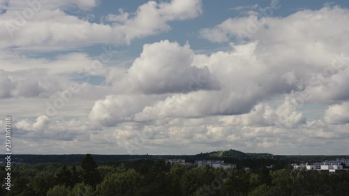 Atmospheric time-lapse of clouds moving across the sky above Helsinki city, Finland, showing the urban skyline and changing weather conditions.