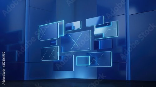 Abstract digital technology background with floating data screens in blue.