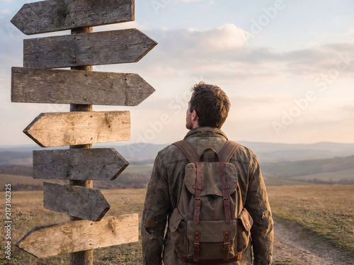 closeup tourist looking at blank wooden direction signposts traveler rear view exploring endless destination choices curiosity freedom adventure wayfinding navigation wanderlust journey planning outdo